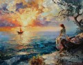 Gaze of Love Artwork Original Painting nature wall decor scenery girl boat sunset woman